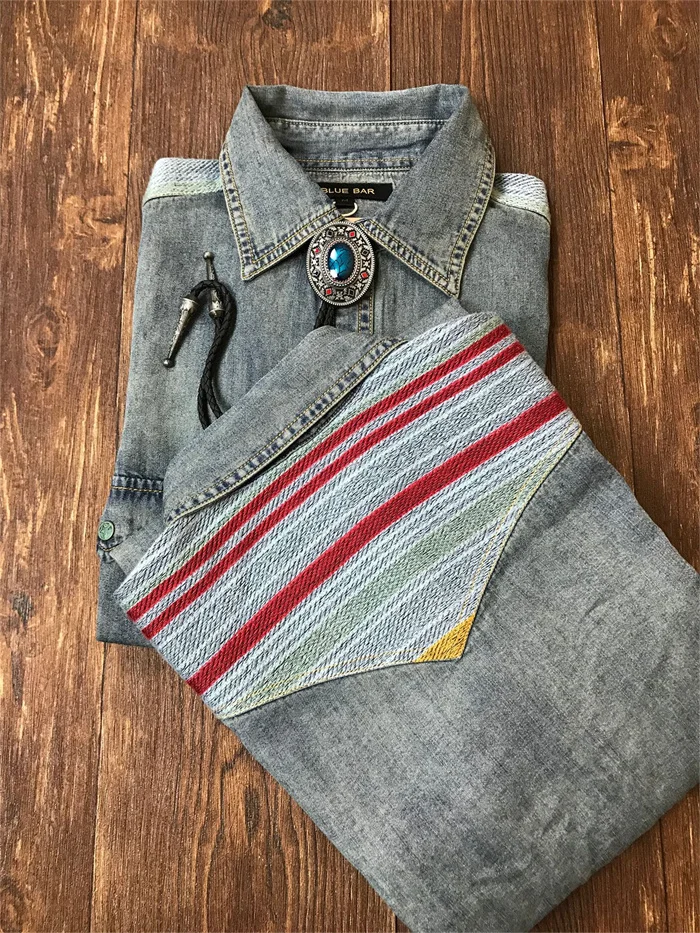 Men's American western denim shirt embroidery Navajo |