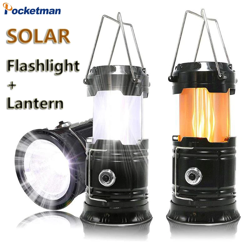 Powerful Solar Camping Tent Light Lantern Flashlight Flame Lamp Portable Retractable Camping Light Emergency Lantern Light