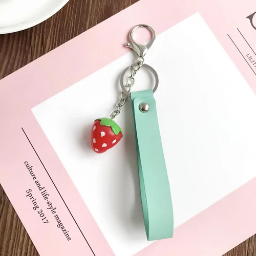 

PU Strawberry Acrylic Keychain Fruit Keyring Silver Color Green Blue Yellow Color For Cute Birthdays Gifts 17cm, 1 Piece