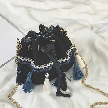 

Spring Summer Fashion Canvas Bucket Bag Ethnic Style Tassels Bag Drawstring Handbag High Quality Shoulder Diagonal Small Bag