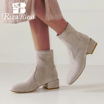

RIZABINA Women Ankle Boots Genuine Leather Fashion Thick Heel Winter Shoes Woman Warm Office Lady Daily Footwear Size 34-39