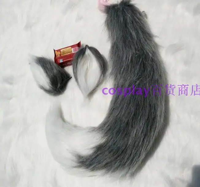 Для косплея цвет: серый белый плюшевый хвост уши собака лиса волк|tails plush|white wolf