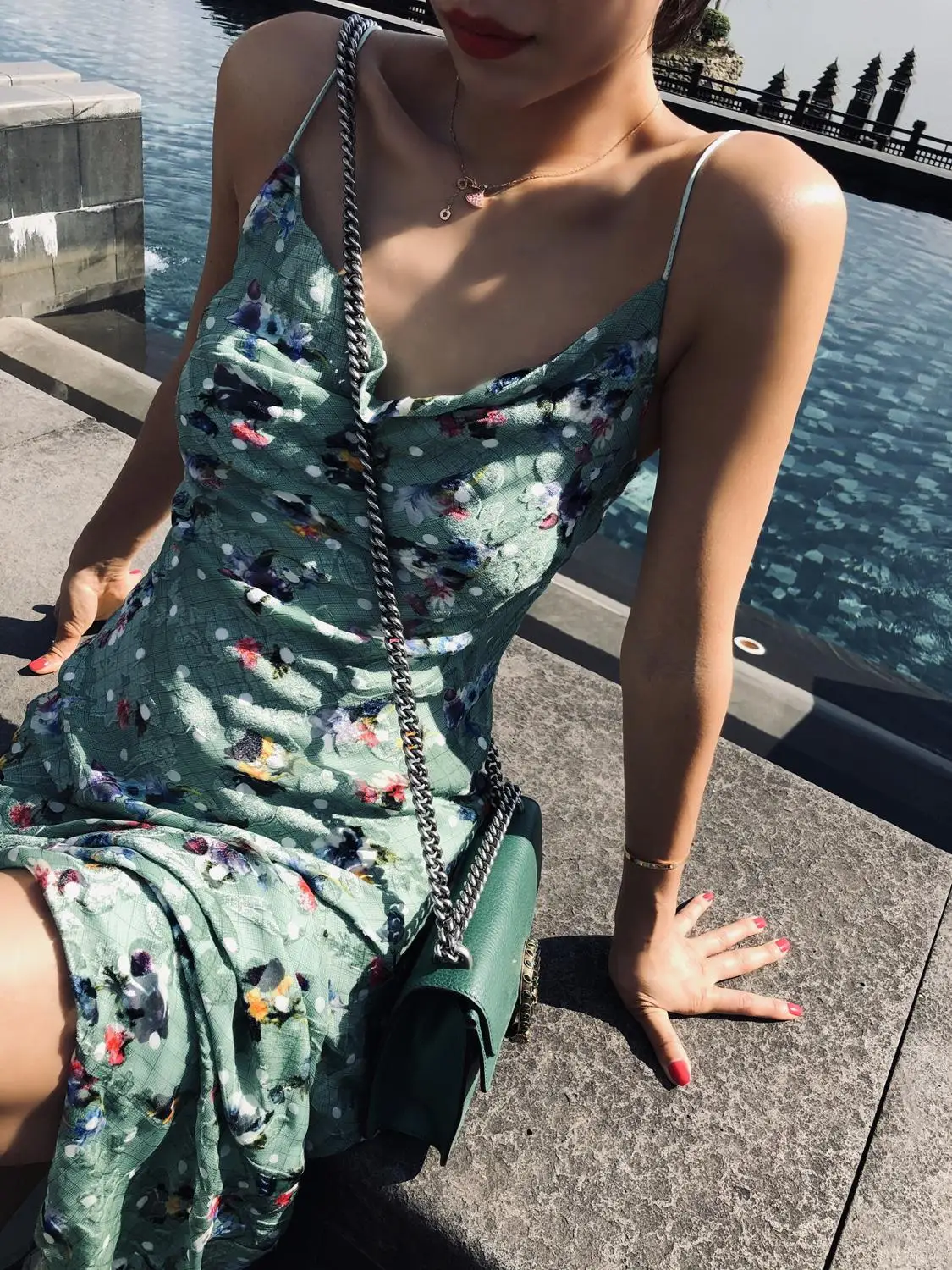 

Silk Velvet Slip Dress Burning Out Printing Special Process Bias Cut Mid Calf Slip Dress Women Clothing