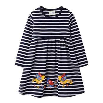 

Girls Dress with catroon birds printed Long Sleeve Princess Dress autumn Kids Party Dresses Baby Girls striped Clothes