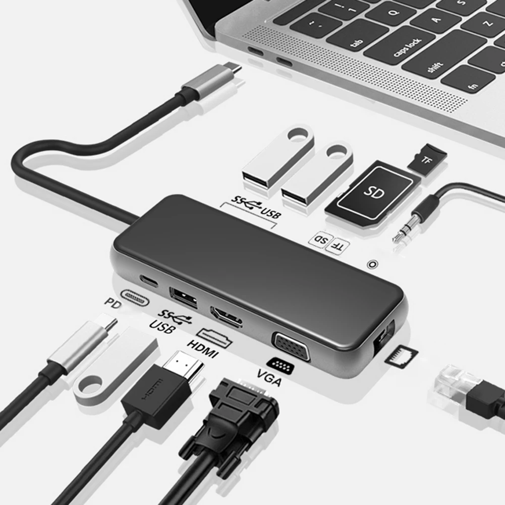 10 in 1 HUB USB-C HUB Type C HUB to VGA USB 3.0 Thunderbolt 3 HDMI 3.5mm Audio RJ45 Adapter for MacBook Pro Samsung Galaxy S9 USB C HUB - Color: 10 in 1 HUB
