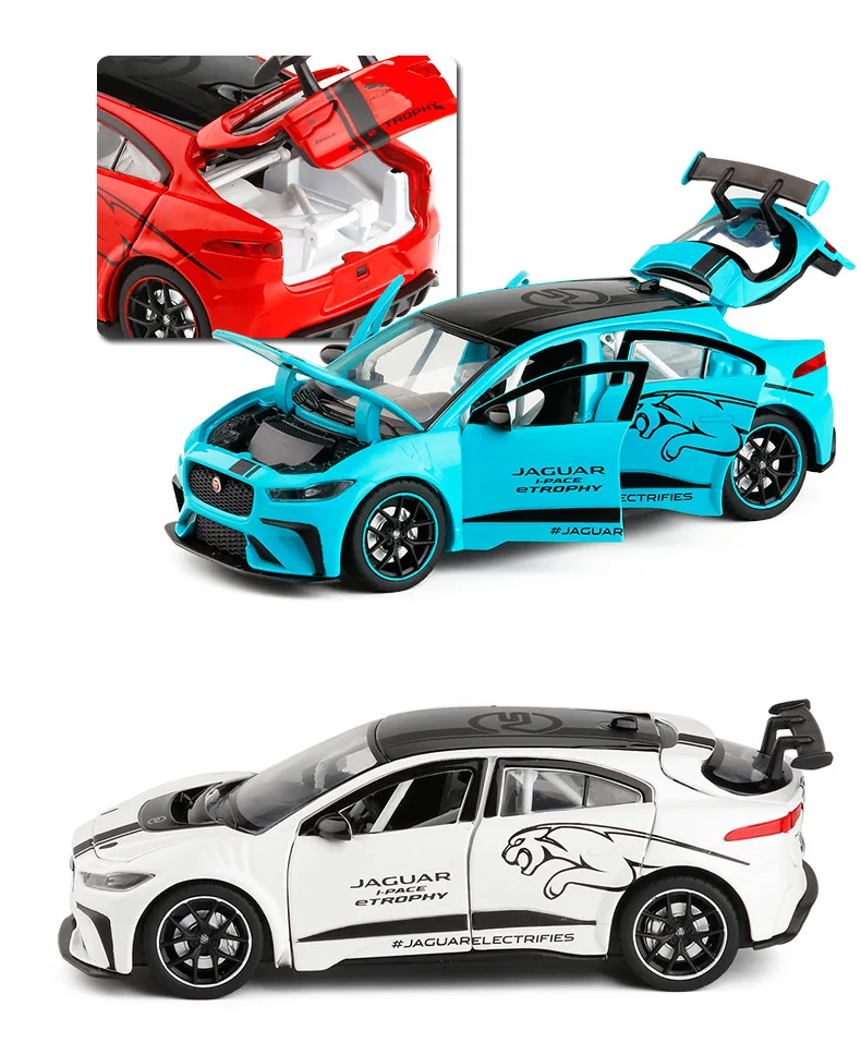 JK1/32 jaguar I Pace чистый электрический спортивный автомобиль Шесть Дверей звук и светильник воин металлическая модель автомобиля Модель игрушки