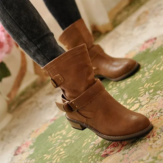 

Autumn Winter Boots Women Shoes Buckle Women Ankle Boots Low Heels Pu Leather Gladiator Snow Boots Ladies Shoes Plus Size 35-41