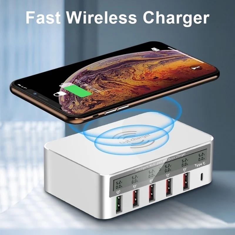 Qi Беспроводное зарядное устройство 5 портов USB для iPhone XS Max XR Samsung S8 S9 ЖК экран QC3.0