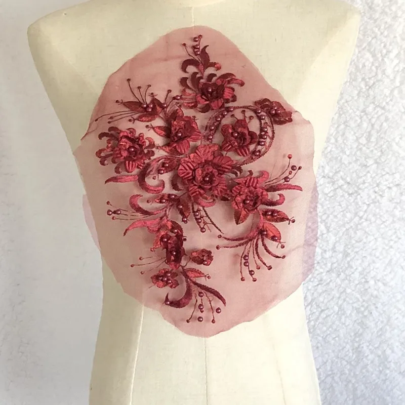 

1 PCS Three-dimensional flower cloth stickers mesh embroidery cloth stickers beaded lace wedding dress decoration stickers