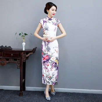 

chinese dress autumn new women's short-sleeved stand collar cheongsam dress retro improved fashion silk long ceremonial clothing