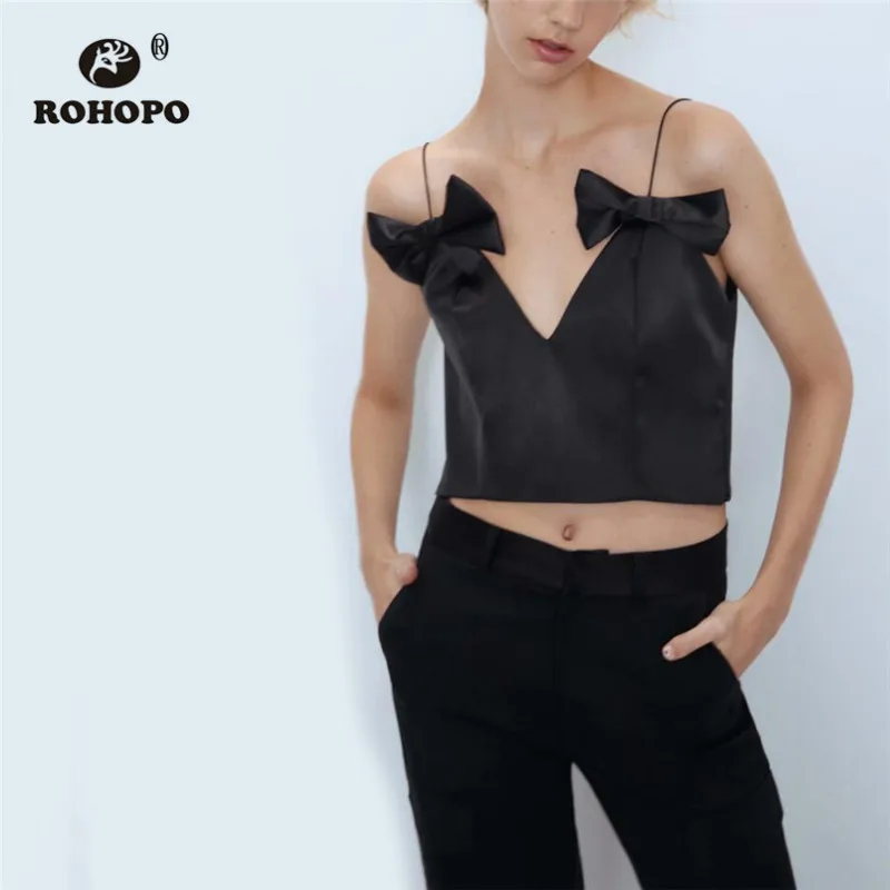 

ROHOPO Narrow Spaghetti Strap Double Bow Stain Tops Tee Autumn Female Sexy Party Silky Crop Top T shirt #9700