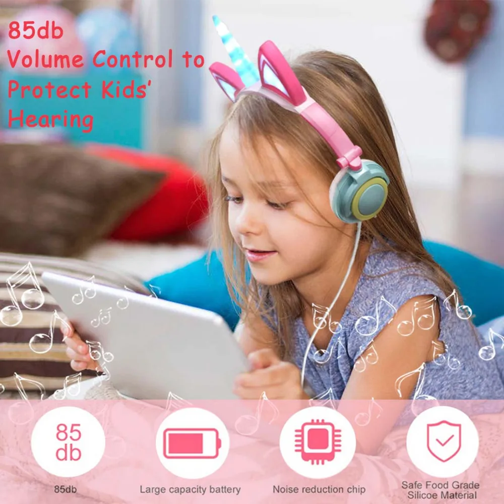 Wired Foldable Flashing Unicorns Kids Headphones With LED Light Earphone For Mobile Phone PC Computer Boys Girls Gaming Headset