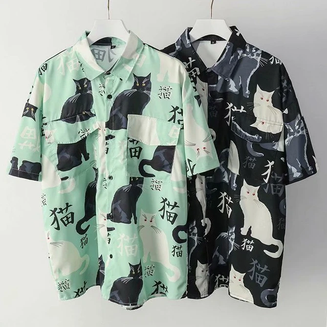 Men Hawaiian Shirt Summer Mens Hawaiian Shirt 3D animal black cat Printed Short lapel Sleeve Big Size Hawaii Men Beach Floral Shirts