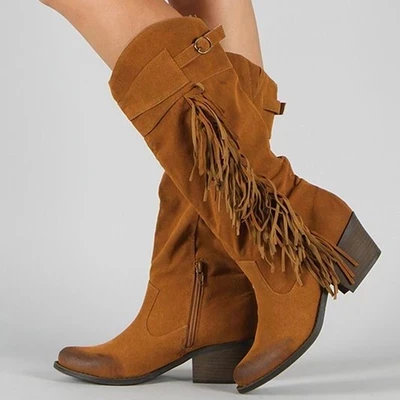 Женские ботинки классические ковбойские с бахромой в западном стиле осенние