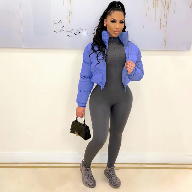 Fashion Women Short Puffer Jacket Winter Cotton-padded Thick Warm Bubble Coats Parkas Down Zip Cropped Jackets Parkas Outerwears
