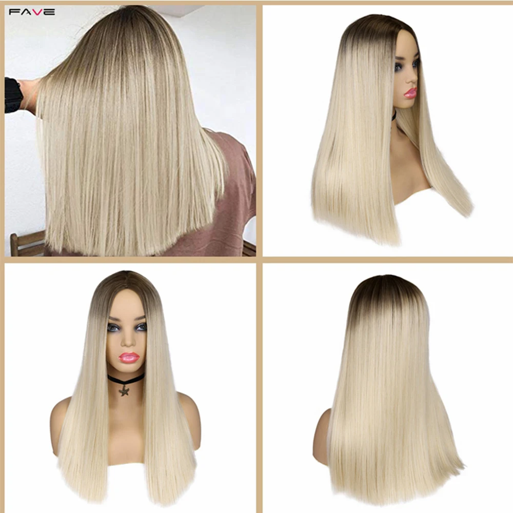 FAVE Black To Light Blonde Straight Bob Shoulder Length Synthetic Wig Middle Part Cosplay Party Heat Resistant Fiber For Women