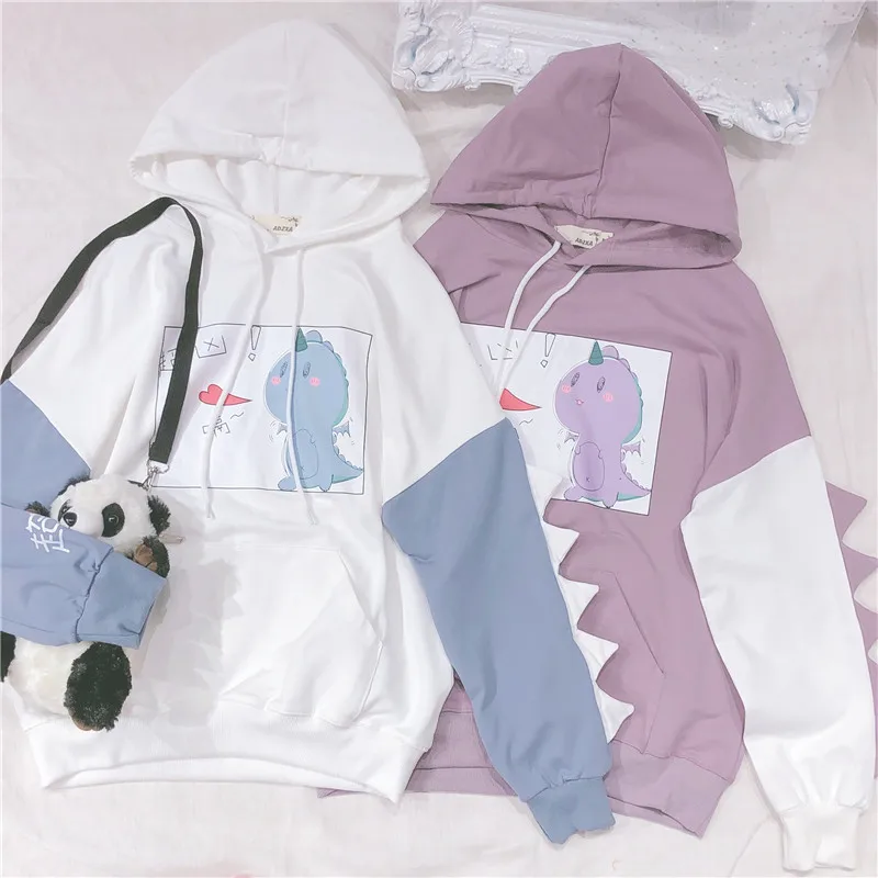 Mori Girl Harajuku, милые женские толстовки с капюшоном и длинными рукавами с рисунком динозавра, каваи, студенческий пуловер для девочек, осенний свитер, Топ