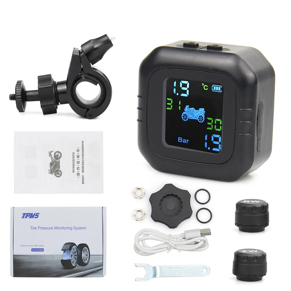 2020 USB Solar TPMS  Motorcycle  Charging Motor Tire Pressure Tyre Temperature Monitoring Alarm System with 2 External Sensors