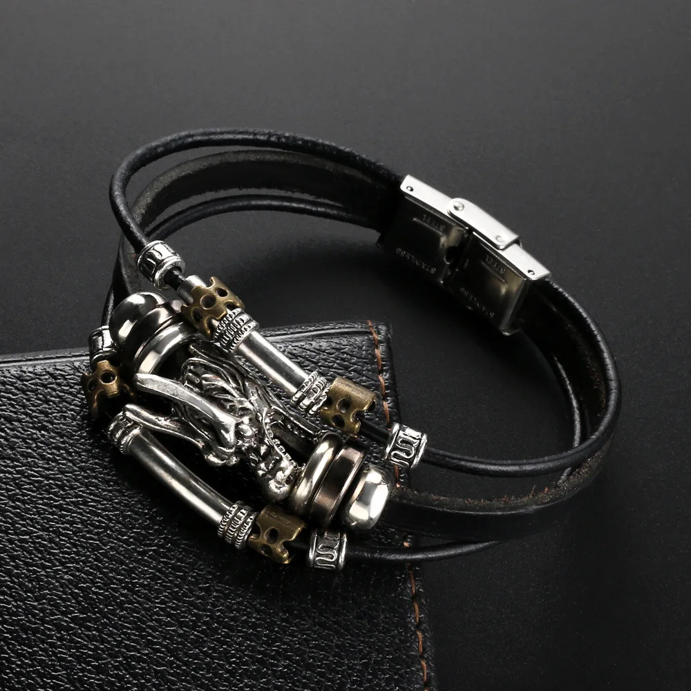 Классический Серебряный кожаный браслет для мужчин, индивидуальный стиль, китайский браслет в виде дракона, подарок дружбы - Окраска металла: Black
