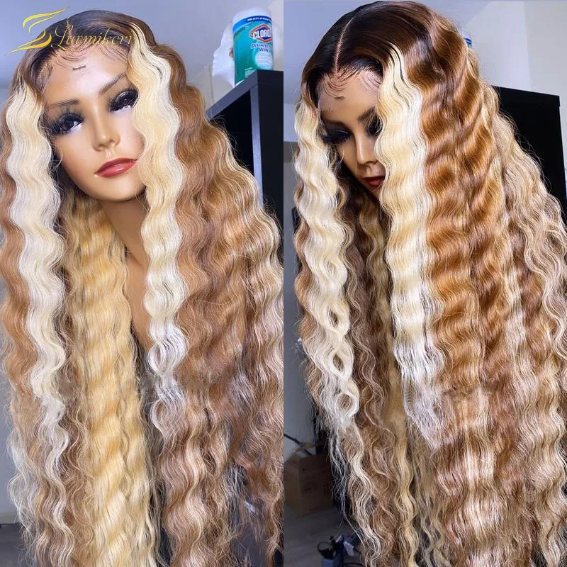 Ombre Blonde Highlight Colored Human Hair Wig Deep Wave 613 Lace Frontal Wig Full PrePlucked Brown 13x6 Lace Front Wig For Women