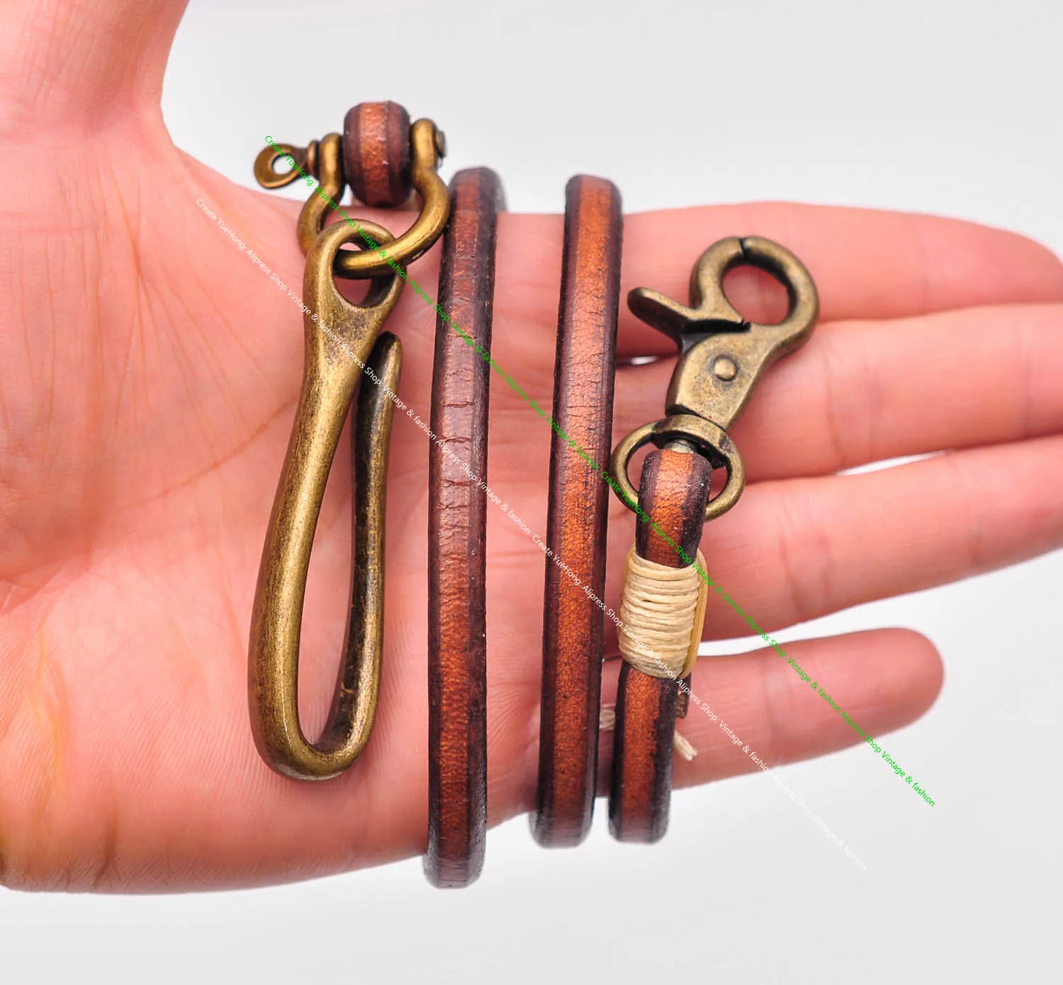 30" Retro Brown Handmade Long Punk Biker Motocycle Trucker 7*5mm Thick Plain Leather Keychain Jean Wallet Chain With Brass Hook