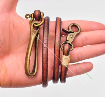 30" Retro Brown Handmade Long Punk Biker Motocycle Trucker 7*5mm Thick Plain Leather Keychain Jean Wallet Chain With Brass Hook