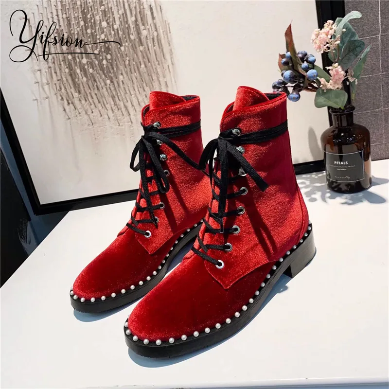 

OLOME New Fashion Black Red Blue Runway Soft Velvet Lace Up Women Boots Round Toe Thick Low Heel Ankle Boots Shoes Woman