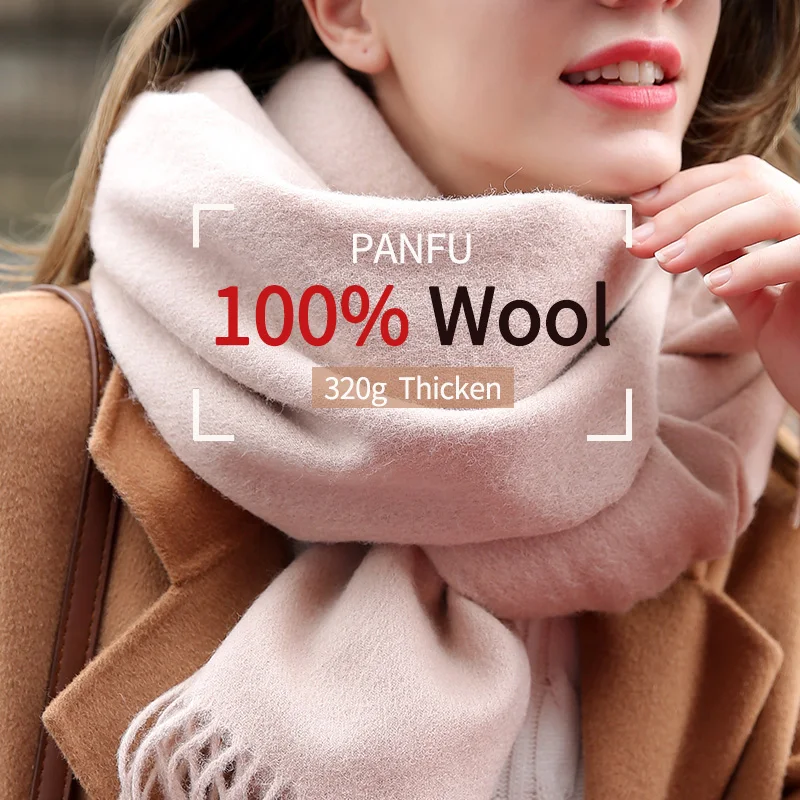  Women 100% Real Wool Scarf Winter Solid Beige Echarpe Thicken Pashmina Wrap Tassel Warm Foulard Fem