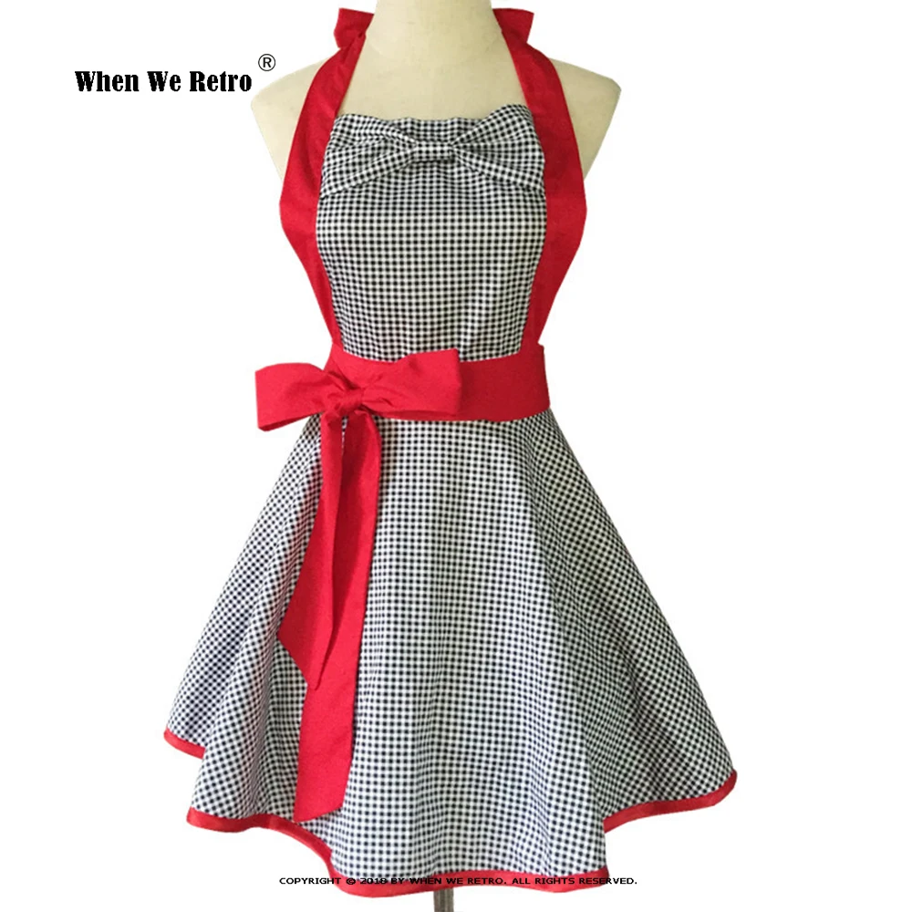 Plaid Retro Cotton Vintage Apron VD2517 Halter Bow Milk Tea Shop kitchen work Aprons for Women Waitress Clothing |