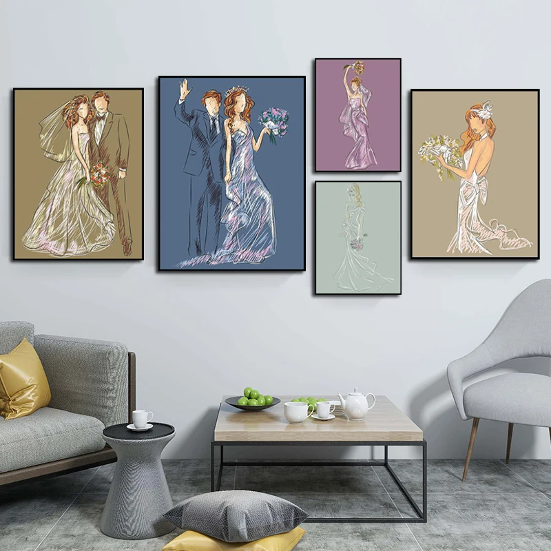 Colorful-Bride-and-Groom-Figure-Canvas-Painting-Girls-Nordic-Wall-Poster-Prints-Decoration-Pictures-For-Living