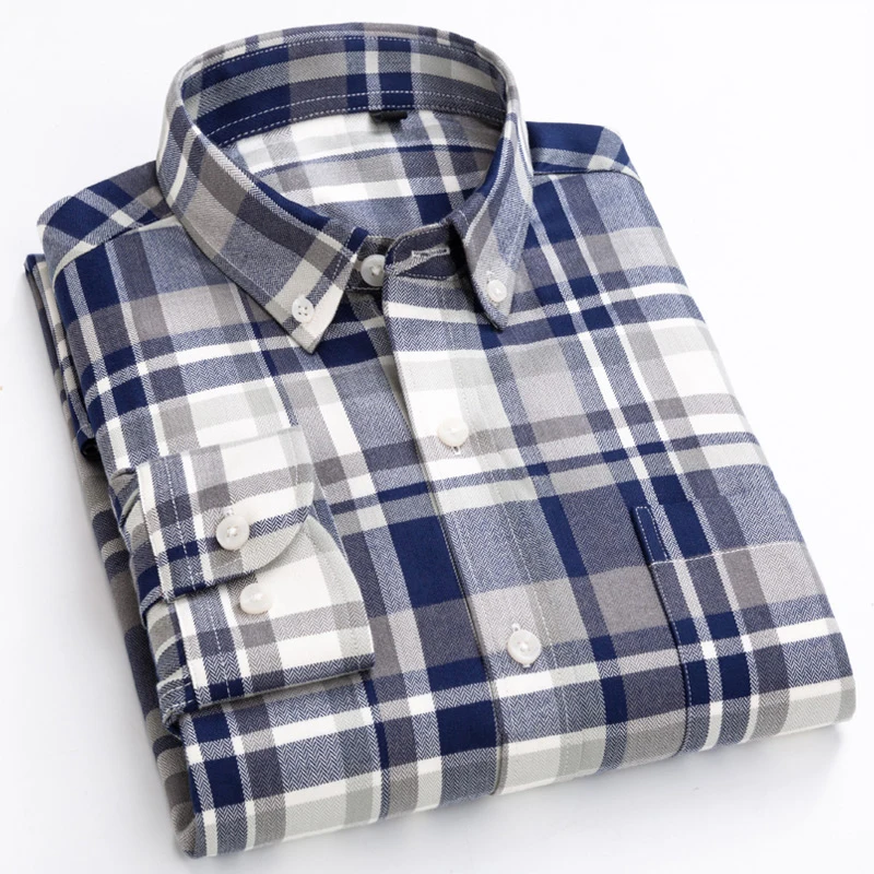 

Men's Plaid Checkered Long Sleeve Dress Shirts Single Patch Pocket Comfortable Bamboo Fiber Standard-fit Casual Gingham Shirt