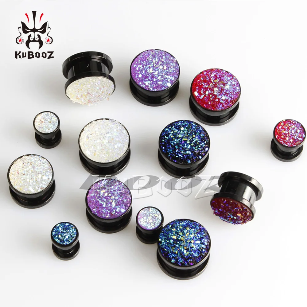 Kubooz stainless steel black stone ears plug and tunnel piercing body jewelry fashion ear gauges