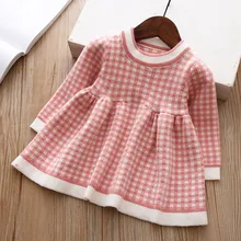 Sweet Autumn Princess Dress For Girls Kids Baby Children Long Sleeve Sweater Knitwear Plaided Dress Vestidos S9753