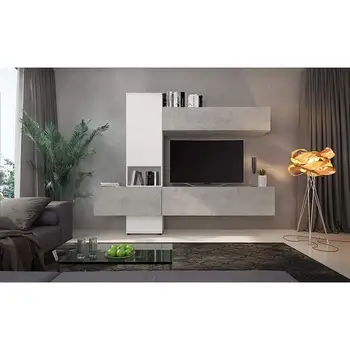 

Parete Attrezzata Dallas con Vano a Giorno e Mobili Sospesi, Legno, 240 x 200 x 50 Cm Colore Bianco Frassinato Grigio Cemento