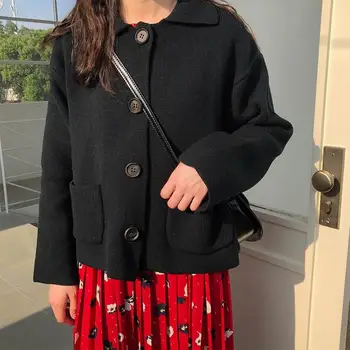 

Autumn Winter Solid Single Breasted Casual Sweater Turn-Down Collar Loose Pockets Cardigans Knitted Plus Size Sweater