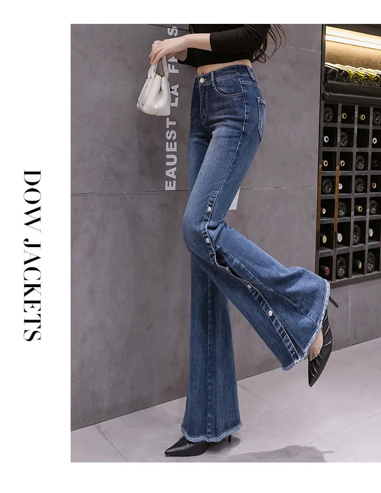 High Waist New Elastic Fabric Women Fashion Jeans Flare Pants Casual Slim Sexy Split Female Denim Jeans Ladies trousers denim jeans