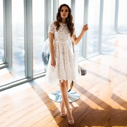 Fivsole New Arrival Short A Line Wedding Dress 2021 Scoop Short Sleeves Ivory Lace Bridal Gowns With Belt Brides Gowns Vestido