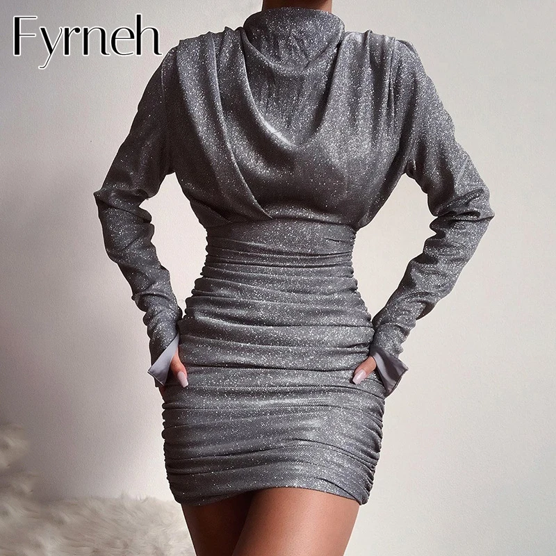 

Fyrneh Women Spring Shiny Silver Turtlneck Long Sleeve Ruched Mini Dress Sexy Glitter Slim Short Club Party Wrap Bodycon Dress