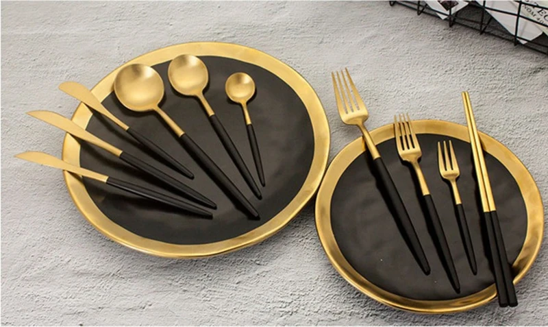 Набор посуды из нержавеющей стали 304, черные золотые столовые приборы, нож для масла, вилка, палочки для еды, набор посуды для свадьбы, дня рождения, посуда