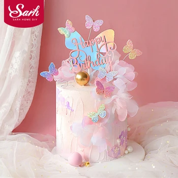 

Biling Colourful Laser Butterfly "Happy Birthday" Cake Topper Wedding Bride Dessert Decoration for Birthday Party Lovely Gifts
