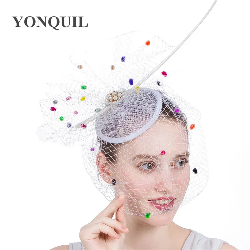 

Fashion Wedding Hat Fascinators For Bride Cute Mesh Headwear Floral With Colorful Dots Veils Women Banquet Party Headpiece