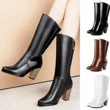 Женские Дизайнерские Сапоги до колена из искусственной кожи; сапоги с острым носком; женские высокие сапоги на массивном высоком каблуке; цвет черный, коричневый, белый