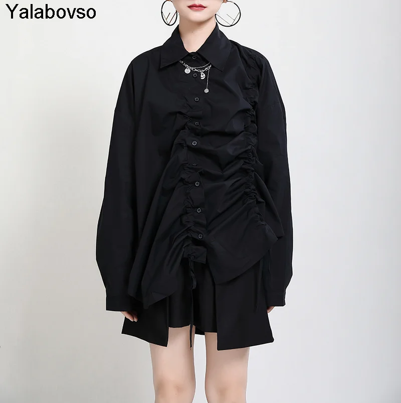 

New Long Sleeve Shirt Notched Autumn Winter 2021 Spring Dark Styles Loose Black Color Rawstring Cool Blouse For Women Yalabovso