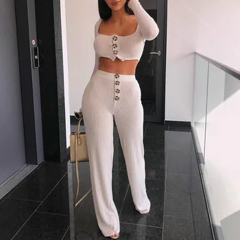 

Solid Sexy Knitted Two Pieces Women Sets Long Sleeve Scoop Collar Buttons Shirts Female Crop Tops Pants Tracksuits Outfits G1225