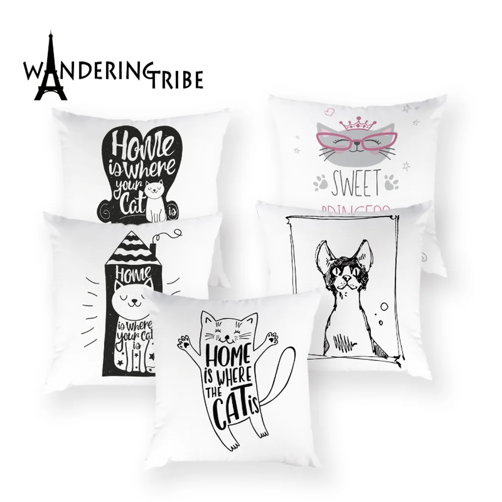 

Cute Cat Pillow Cases Cartoon Animal Decor Cushion Cover Letter Throw Pillows Case White Home Decorative Cushions Covers Kissen