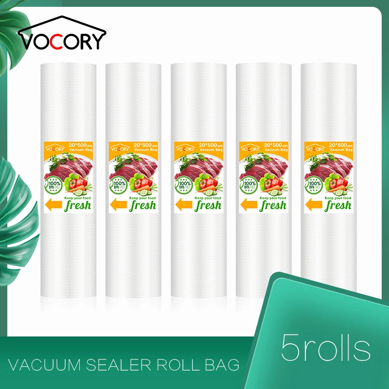 Rollo de bolsas de vacío para sellador al vacío de alimentos, sellador al vacío para mantenimiento fresco de alimentos, embalaje al vacío para cocina, 12 + 15 + 20 + 25 + 30cm * 500cm, 5 rollos