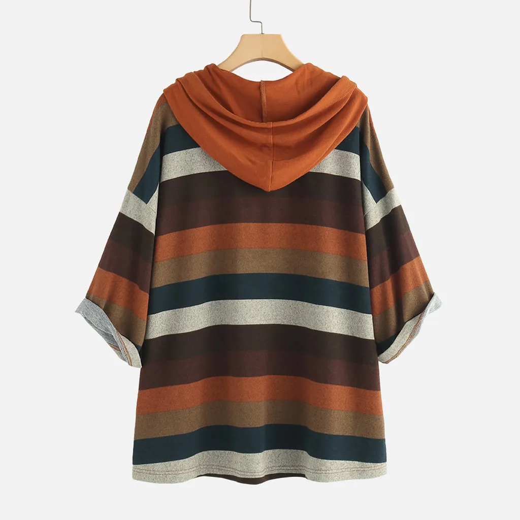 Jaycosin Fashion Autumn Casual Female O-Neck Multicolor Striped Sweatshirt Long Sleeve Comfortable Pocket Jumper Pullover 14#4