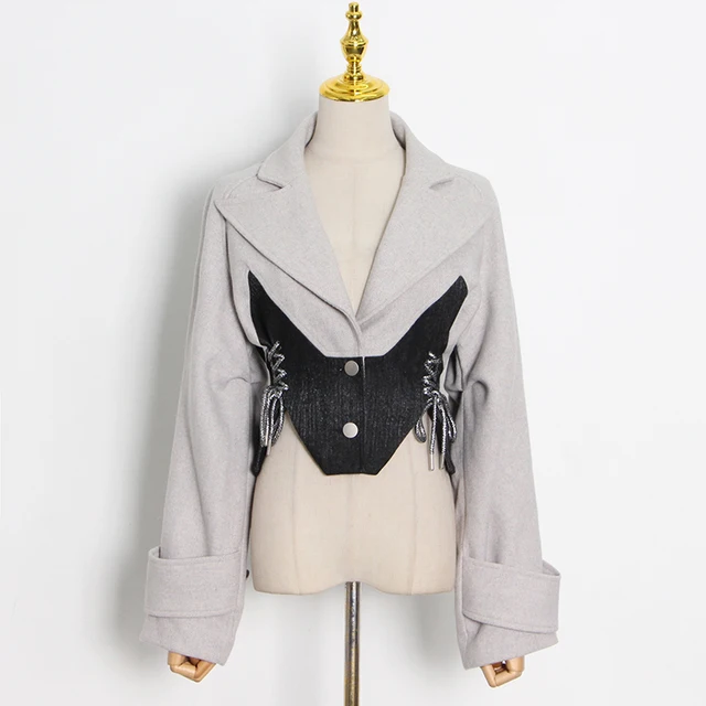Patchwork jacket with lace Up bowknot