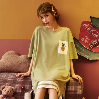 

Cute Nightdress Summer Cotton Ladies Comfortable Nightdress Short Sleeve Nightdress Printed O-Neck Ms. Pullover Nightdress M-2XL