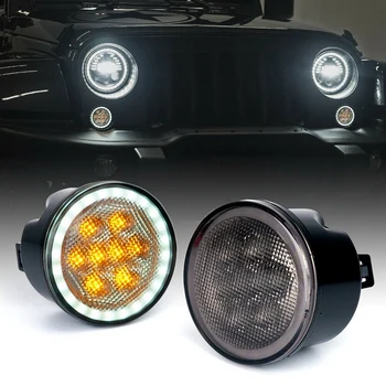 

Car Led Amber Turn Signal Lights Drl White Halo Smoke for Jeep Wrangler Jk 2007-2018